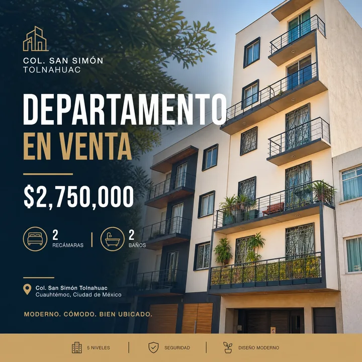 Residencial · CDMX: Fachada, ubicación y características para presentar un departamento en venta.